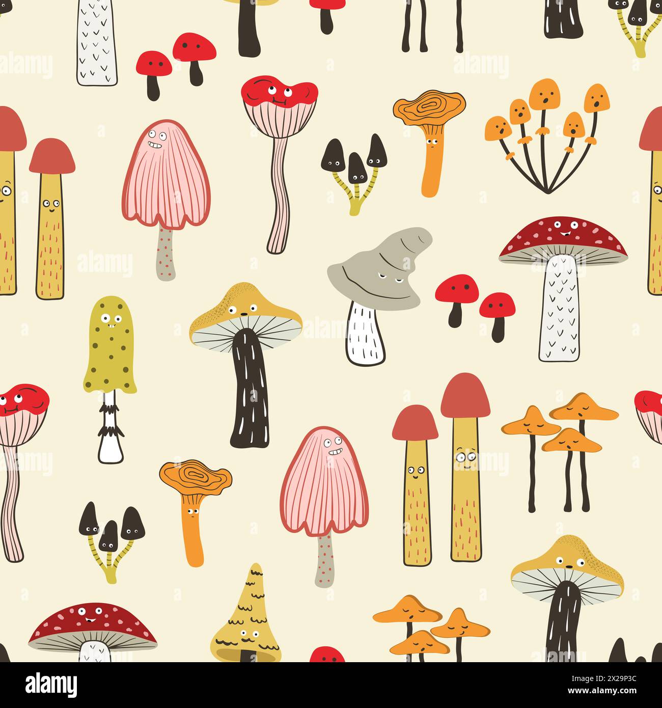 Cartoon mushrooms with eyes seamless pattern. Funny print with characters Stock Vector
