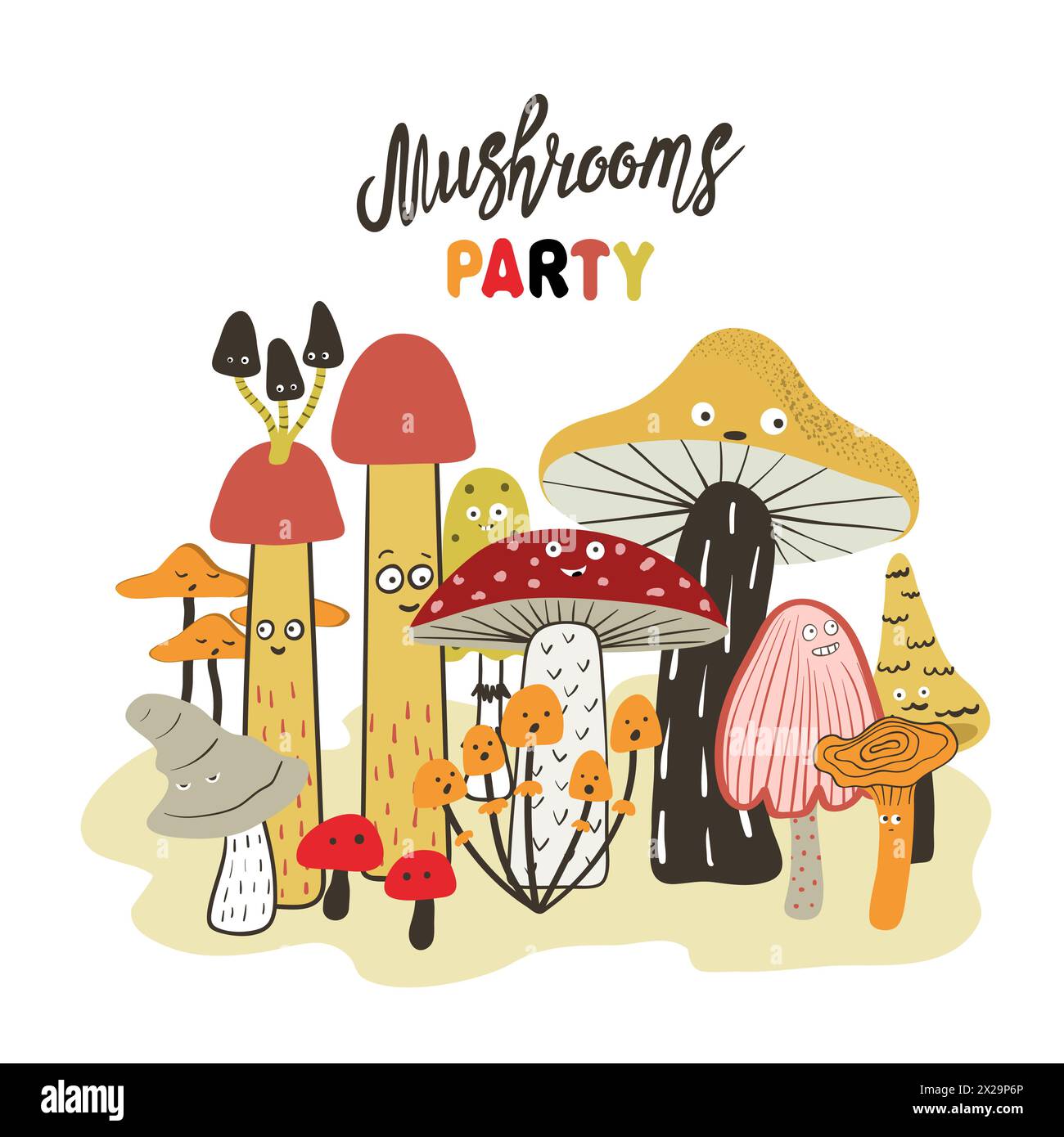 Cartoon mushroom set. Funny print. Mushrooms party poster with funny characters with eyes Stock Vector