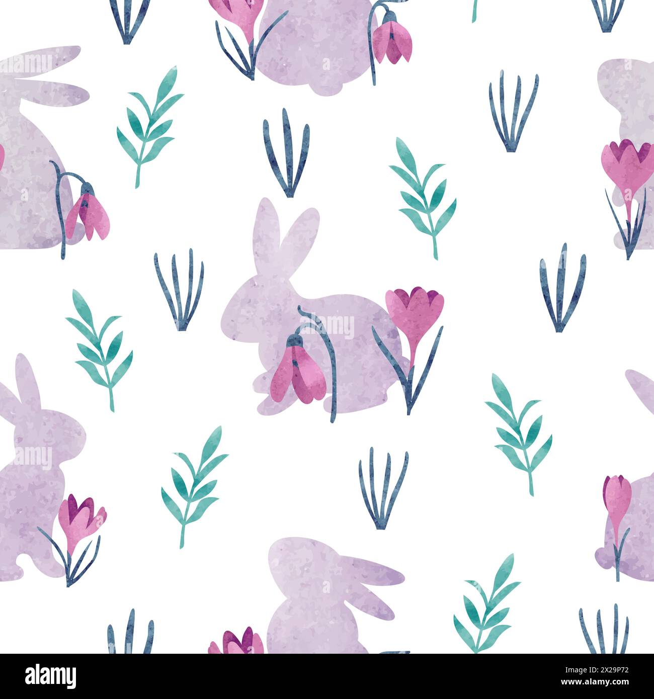 Seamless Easter pattern with bunny and crocus flowers. Vector watercolor illustration Stock Vector