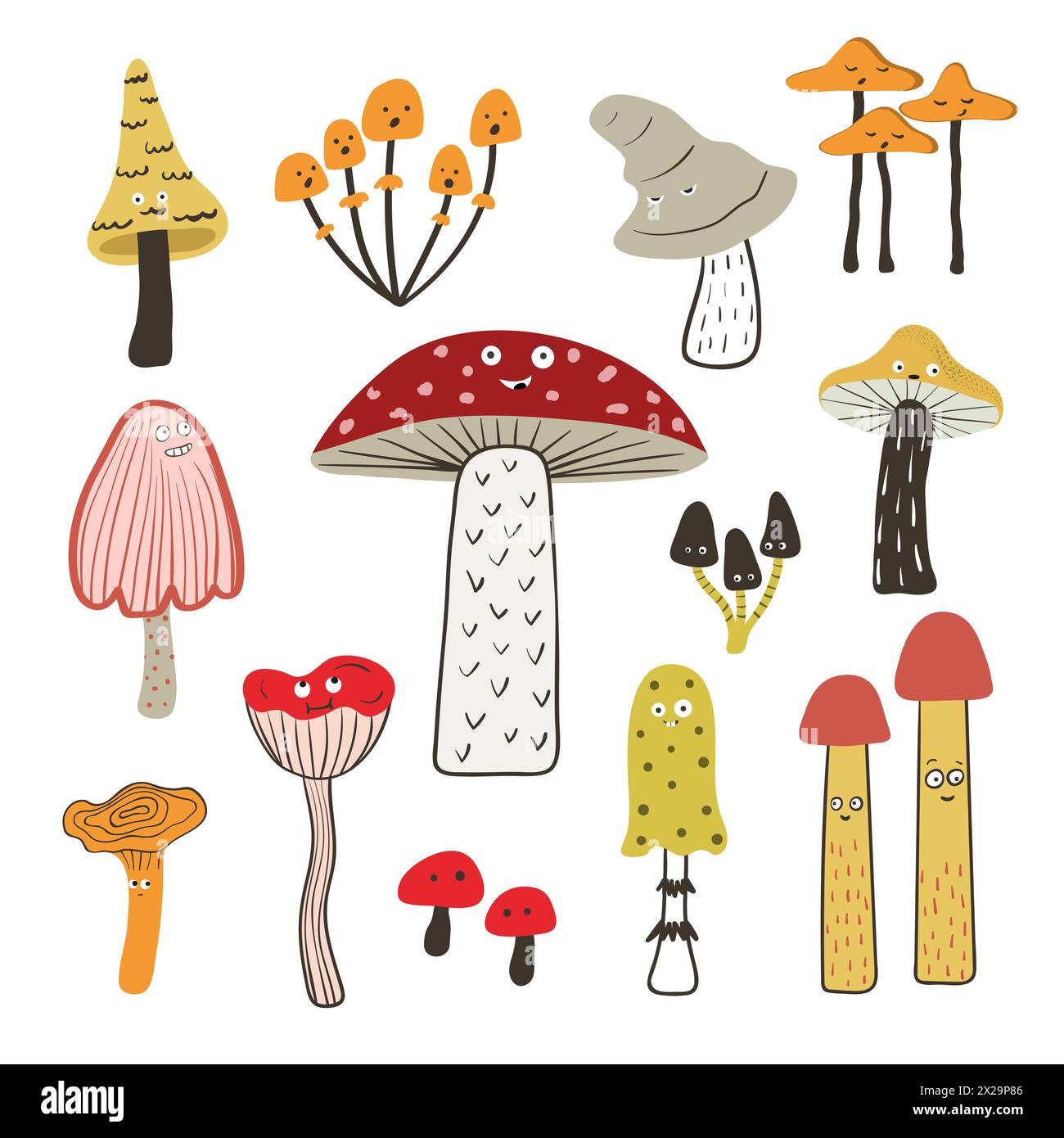 Cartoon mushrooms set. Vector funny mushroom characters with eyes Stock Vector