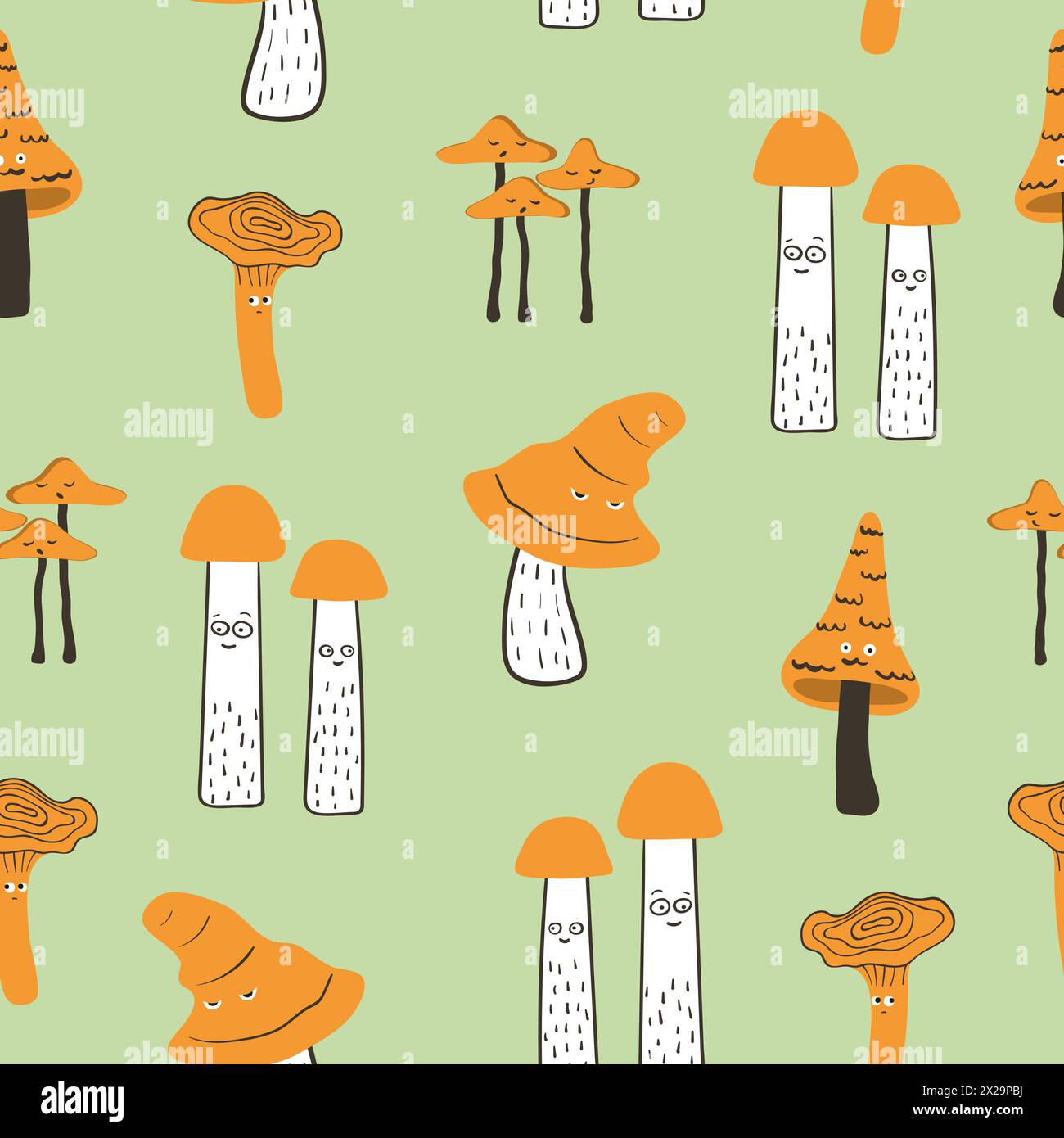 Funny mushrooms with eyes seamless pattern. Vector print with characters Stock Vector