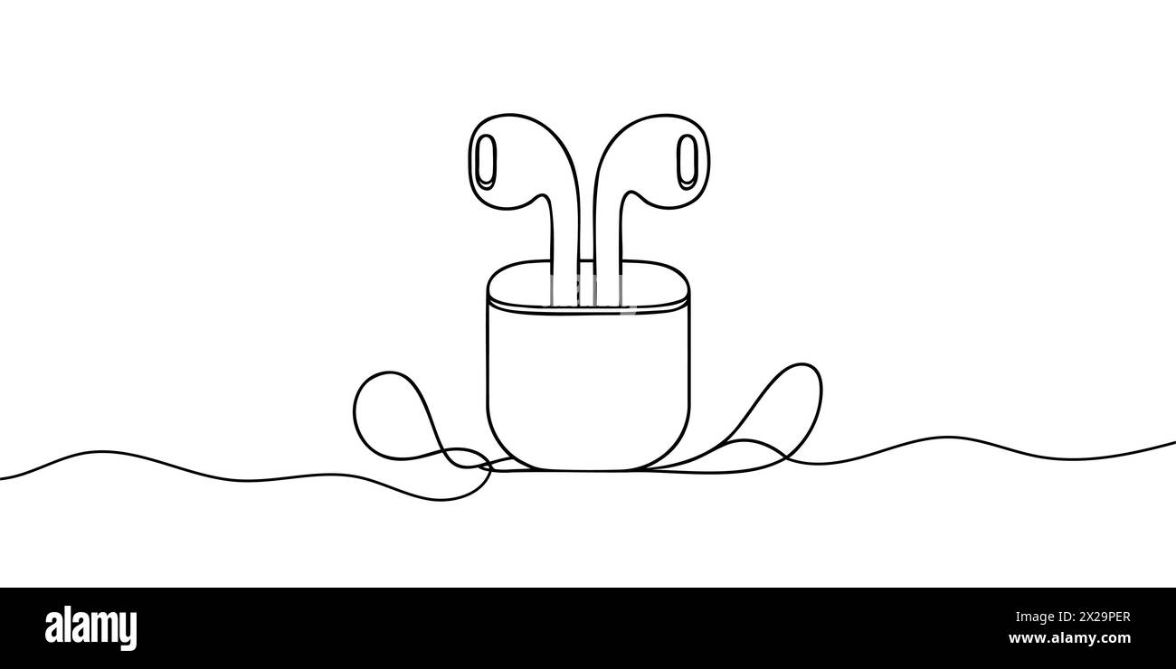 Wireless vacuum headphones drawn in one line on a white background. Stock Vector