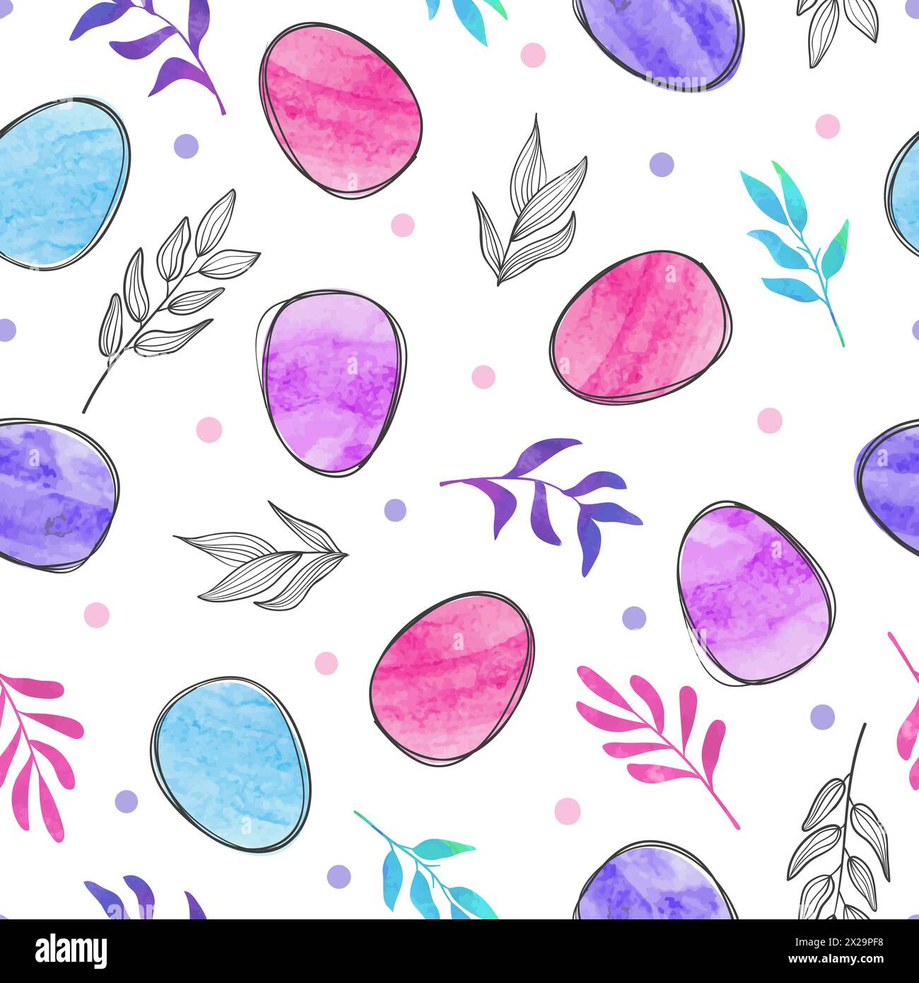 Seamless Easter pattern with eggs and leaves. Vector watercolor ...