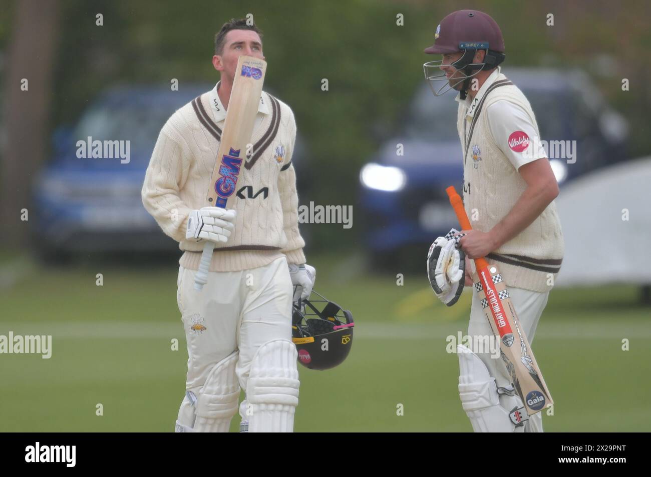 Canterbury, England. 21st Apr 2024. Dan Lawrence of Surrey and England celebrates reaching a century during day three of the Vitality County Championship Division One fixture between Kent County Cricket Club and Surrey County Cricket Club at the Spitfire Ground, St Lawrence in Canterbury. Kyle Andrews/Alamy Live News. Stock Photo