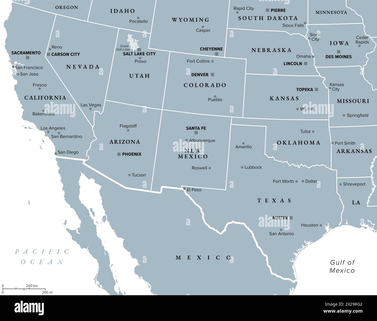 Southwest region of the United States, gray political map. States of American Southwest, simply