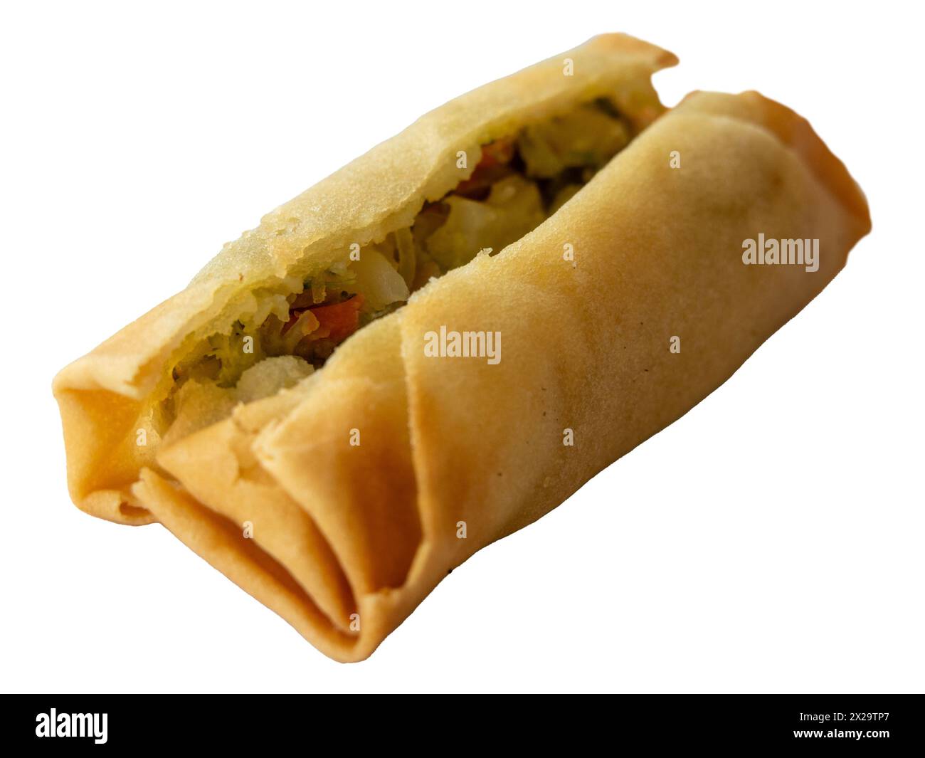 Open spring roll isolated on white  background. Top view close up image. Stock Photo