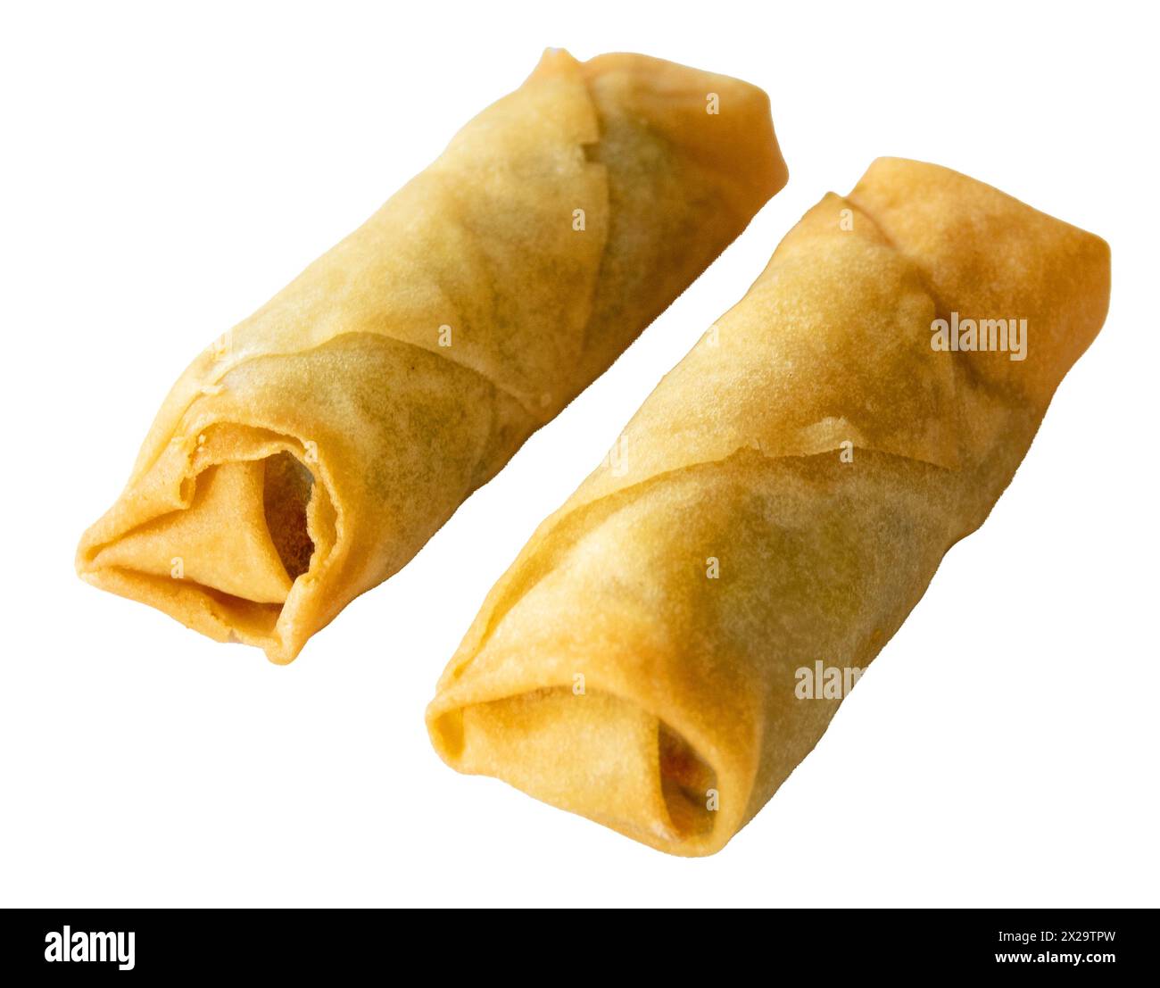 Two spring rolls isolated on white background. Top view close up image. Stock Photo