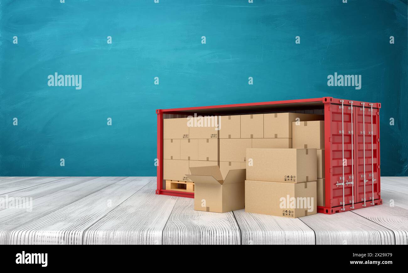 3d rendering of red shipping container filled with cardboard boxes on ...
