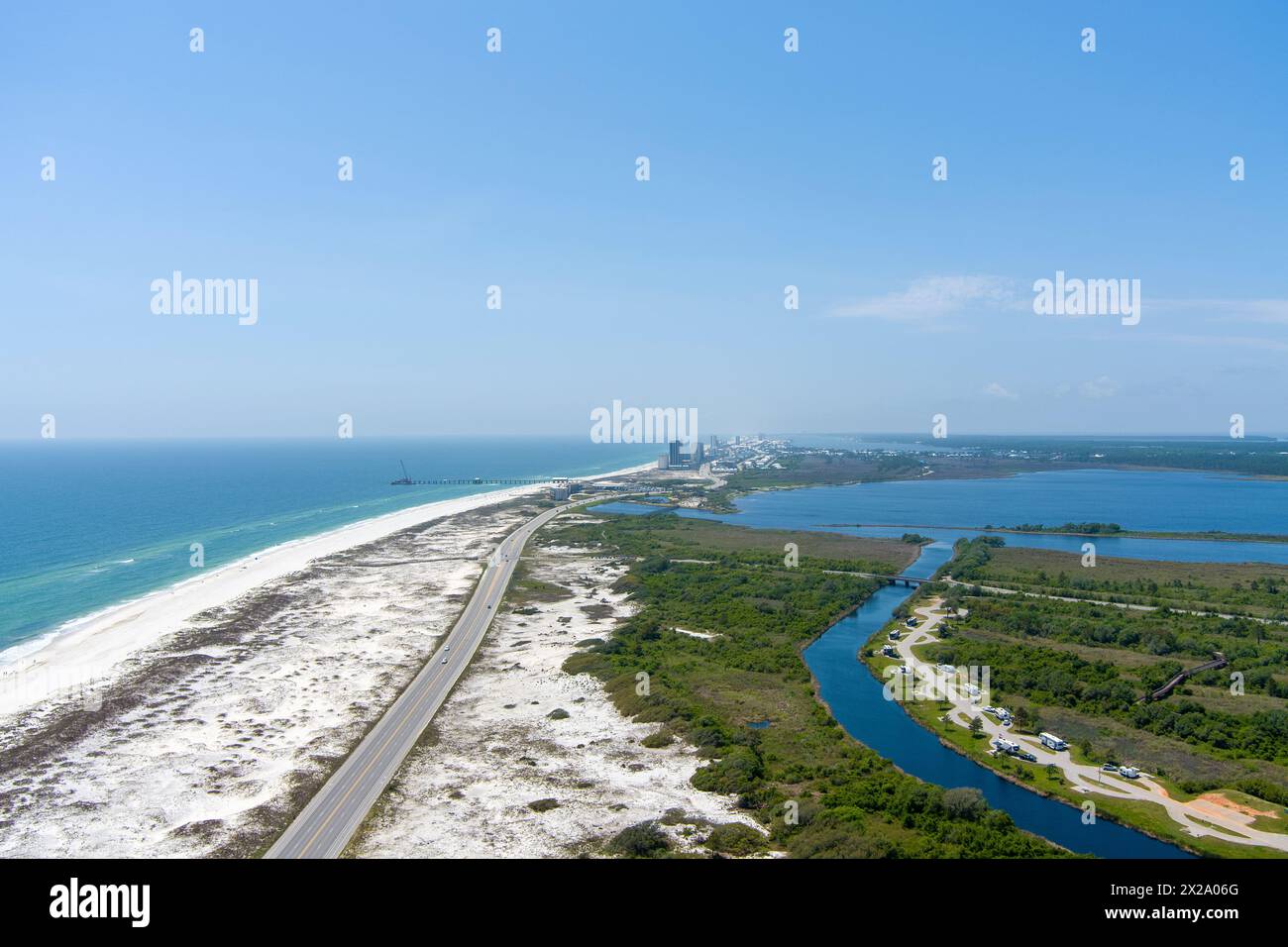 Aerial view of the beach and Gulf State Park at Gulf Shores in April Stock Photo
