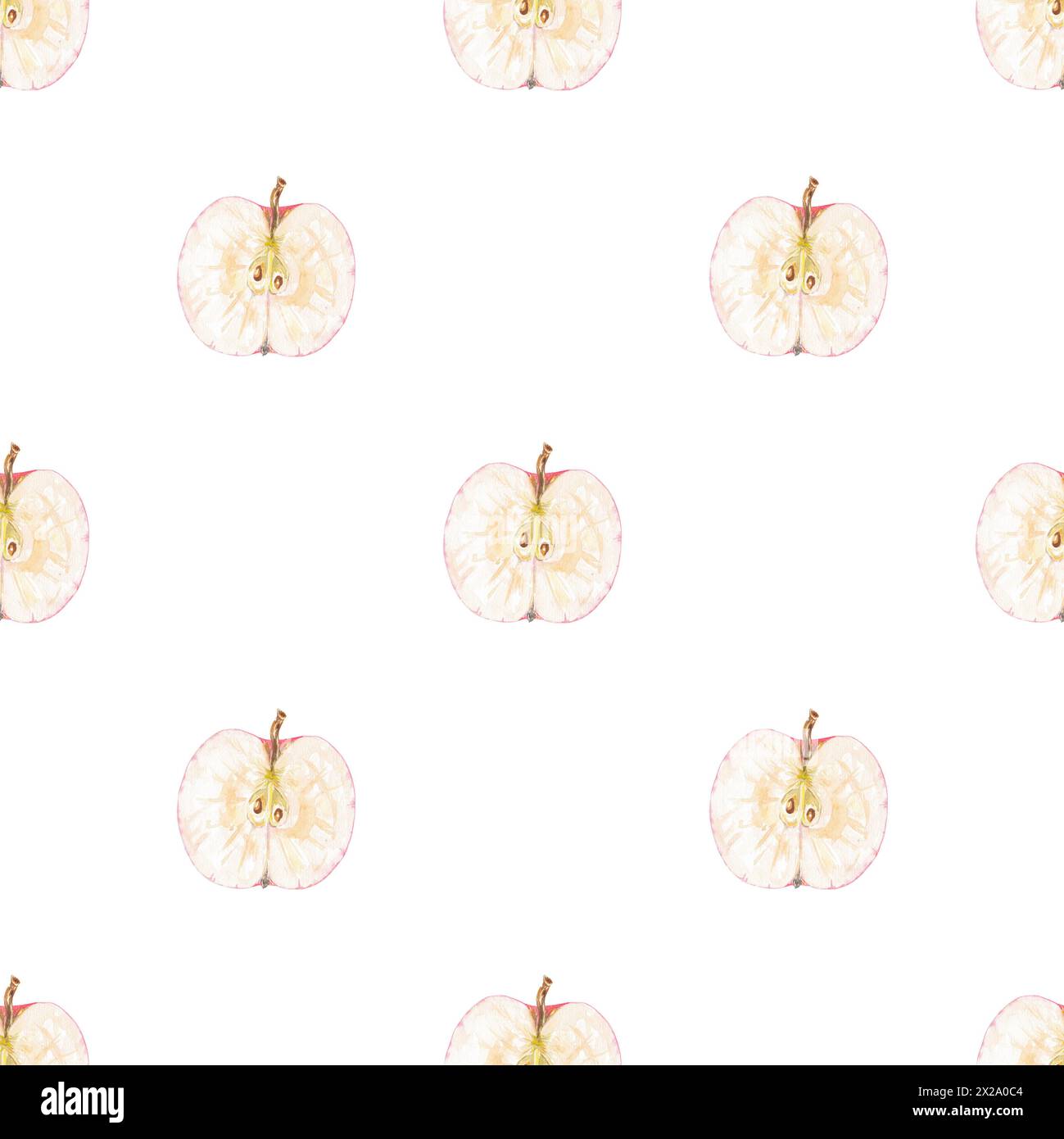 Apple slice watercolor seamless pattern with red and green leaves. Food ...