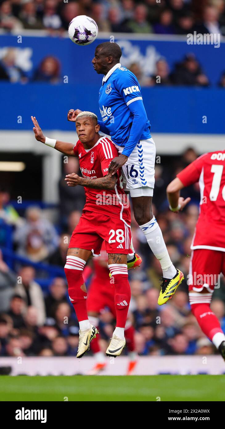 Nottingham Forest's Danilo in action against Everton’s Abdoulaye Doucoure during the Premier League match at Goodison Park, Liverpool. Picture date: Sunday April 21, 2024. Stock Photo