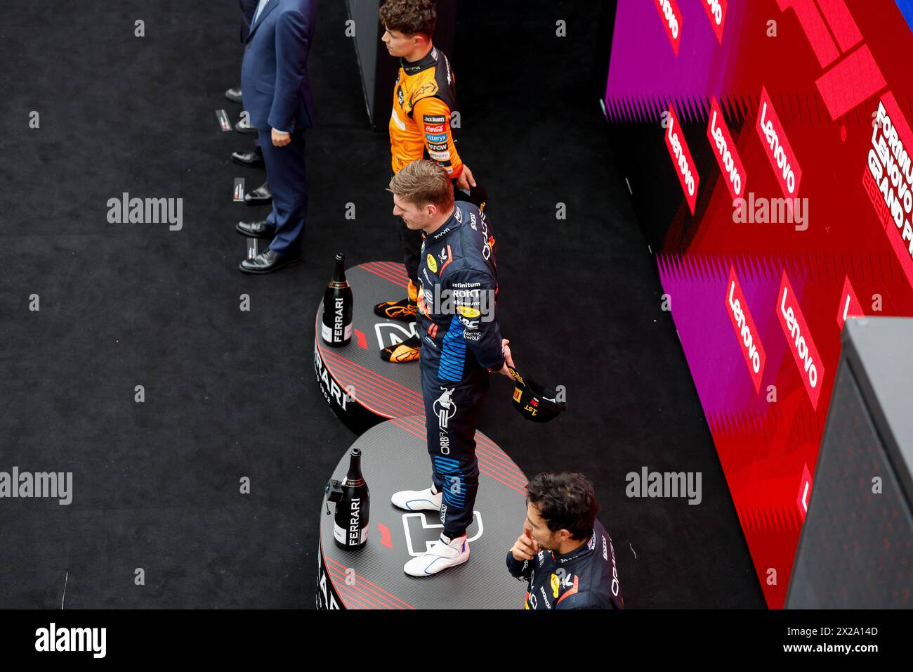 VERSTAPPEN Max (ned), Red Bull Racing RB20, portrait, NORRIS Lando (gbr), McLaren F1 Team MCL38, portrait and PEREZ Sergio (mex), Red Bull Racing RB20, portrait during the Formula 1 Lenovo Chinese Grand Prix 2024, 5th round of the 2024 Formula One World Championship from April 19 to 21, 2024 on the Shanghai International Circuit, in Shanghai, China Stock Photo