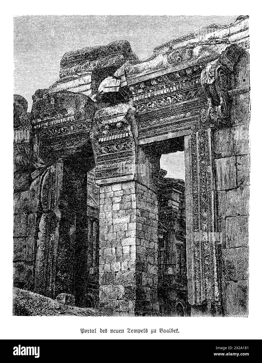 The image captures the awe-inspiring Temple of Baalbek, situated in present-day Lebanon. Known for its monumental scale and exquisite Roman engineering, this archaeological gem features towering columns and intricate stone carvings that have withstood the test of time. The ruins, part of a larger complex originally dedicated to Jupiter, Venus, and Bacchus, reflect the grandiosity and religious significance of the site, making it a pinnacle of Roman architecture in the ancient world. Stock Photo