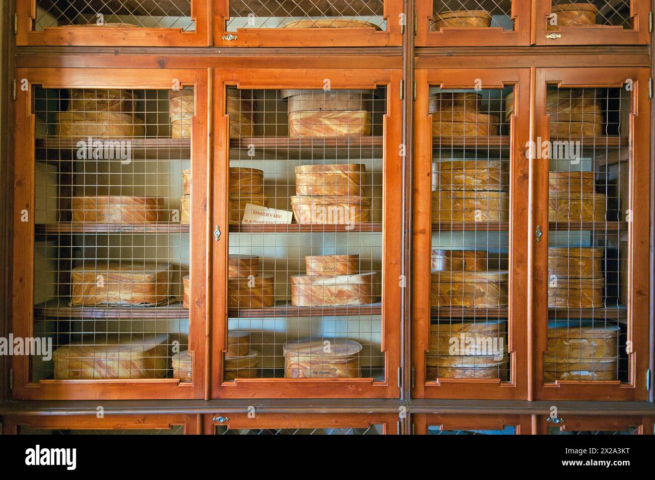 Showcase with wooden boxes for medicinal herbs in the ancient pharmacy (18th century) of the Trisulti Charterhouse, Collepardo, Lazio, Italy Stock Photo
