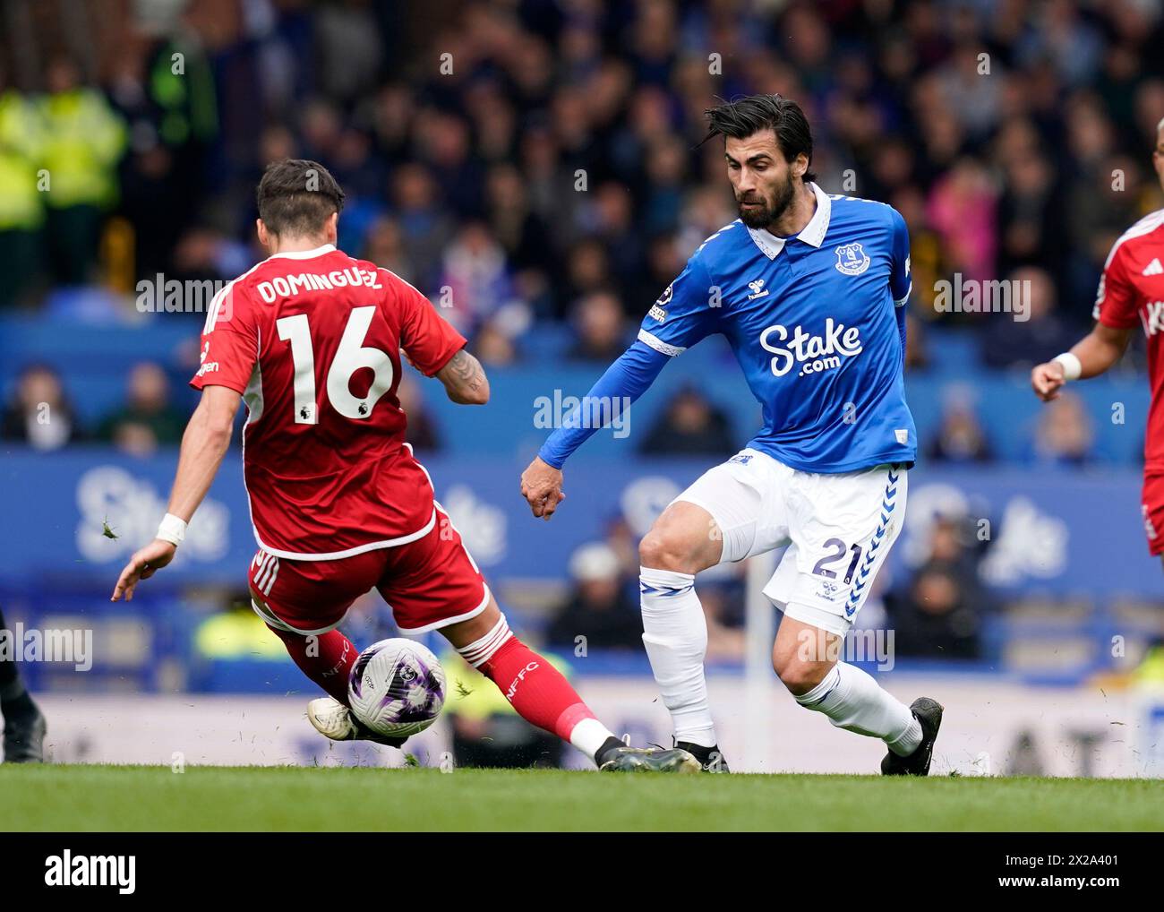 Liverpool, UK. 21st Apr, 2024. Nicolas Dominguez of Nottingham Forest tackles André Gomes of Everton during the Premier League match at Goodison Park, Liverpool. Picture credit should read: Andrew Yates/Sportimage Credit: Sportimage Ltd/Alamy Live News Stock Photo