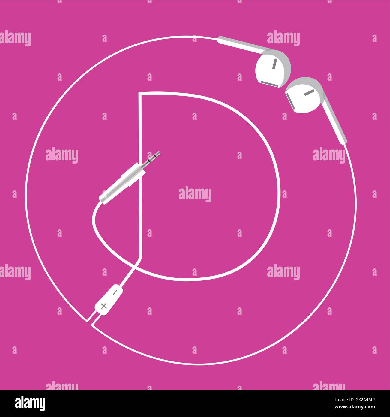 The continuous loop of an earphone wire forms the letter D and a surrounding circle, floating harmoniously on a pink background Stock Vector