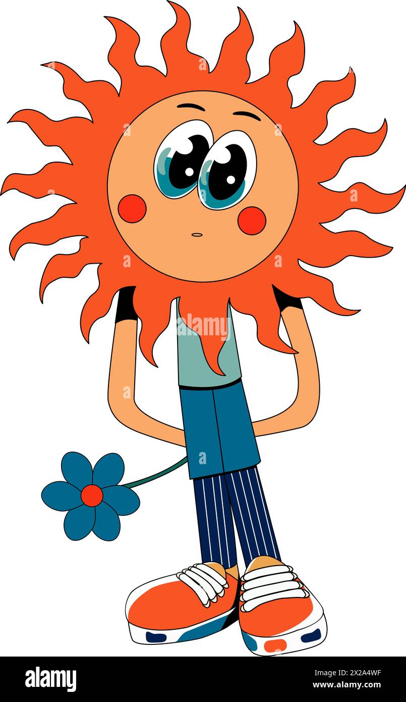 Comic flat sun with eyes and face and with flower in hands. Stock Vector