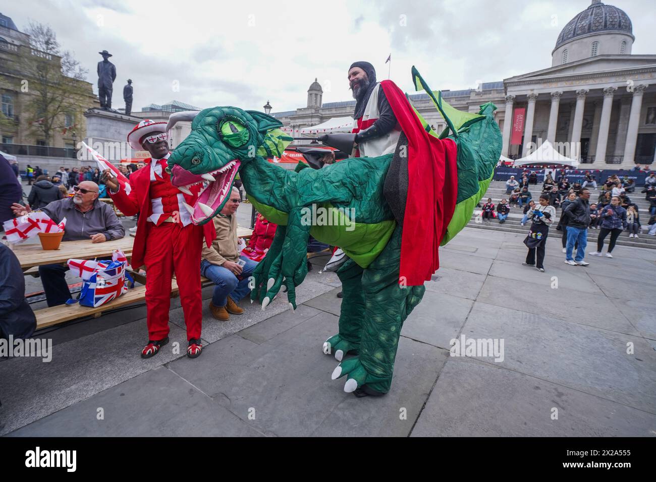London 21 April 2024 .A man dressed as Saint George riding an ...