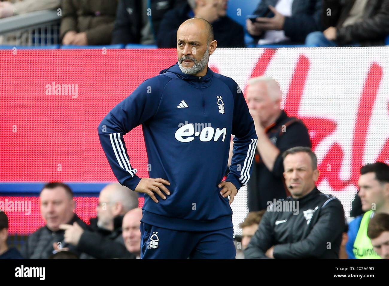 Liverpool, UK. 21st Apr, 2024. Nuno Espirito Santo, the Nottingham Forest manager looks on. Premier League match, Everton v Nottingham Forest at Goodison Park in Liverpool on Sunday 21st April 2024. this image may only be used for Editorial purposes. Editorial use only, pic by Chris Stading/Andrew Orchard sports photography/Alamy Live news Credit: Andrew Orchard sports photography/Alamy Live News Stock Photo