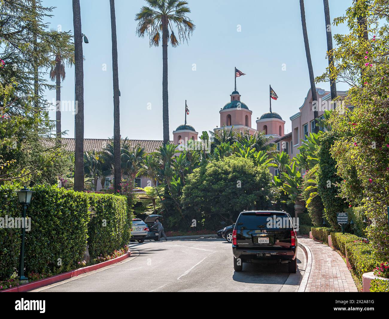 Beverly Hills Hotel on Sunset Boulevard in Beverly Hills is a famous celebrity hotel in Los Angeles, CA Stock Photo