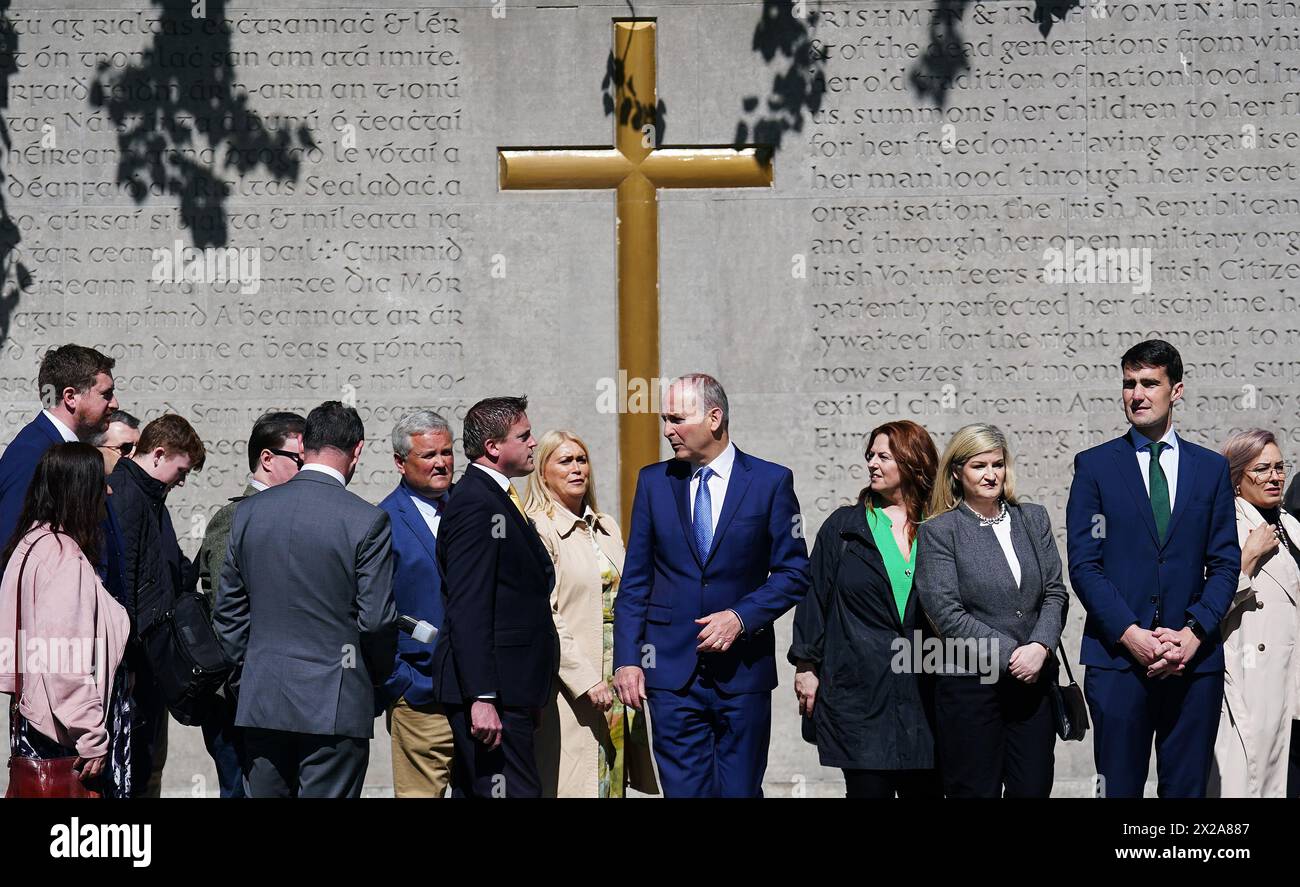 Tanaiste Micheal Martin (centre) and party colleagues attending Fianna Fail’s annual 1916 Easter Rising commemoration at Arbour Hill cemetery, Dublin. Picture date: Sunday April 21, 2024. Stock Photo