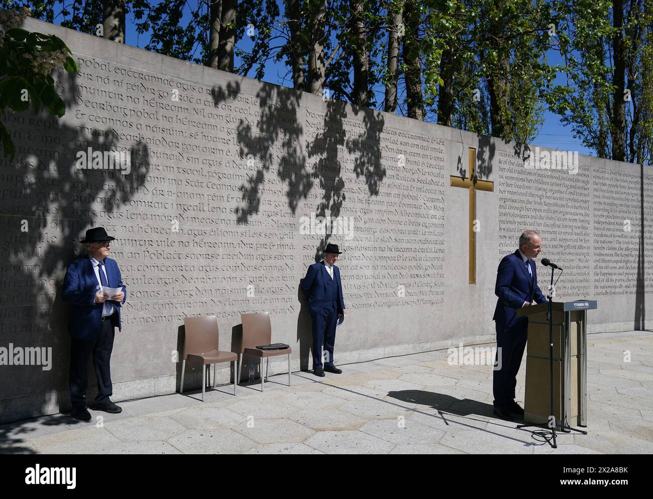 Tanaiste Micheal Martin (right) speaking at Fianna Fail’s annual 1916 Easter Rising commemoration at Arbour Hill cemetery, Dublin. Picture date: Sunday April 21, 2024. Stock Photo