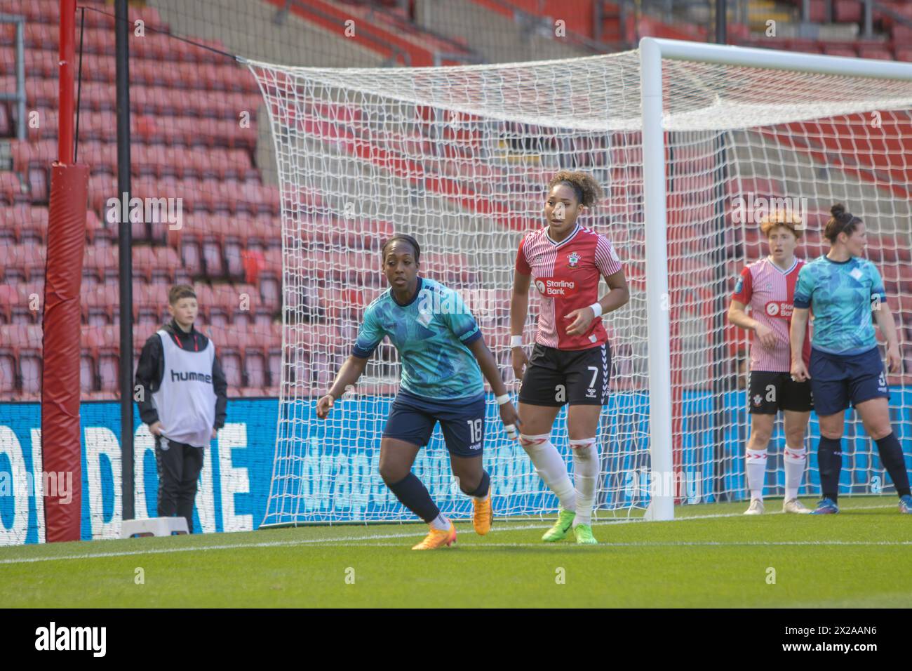 Southampton, UK. 21st Apr, 2024. Danielle Carter (18 London City) and Lexi Lloyd-Smith (7 Southampton) in action during the Barclays Womens Championship game between Southampton and London City Lionesses at St Marys Stadium, Southampton. (Tom Phillips/SPP) Credit: SPP Sport Press Photo. /Alamy Live News Stock Photo