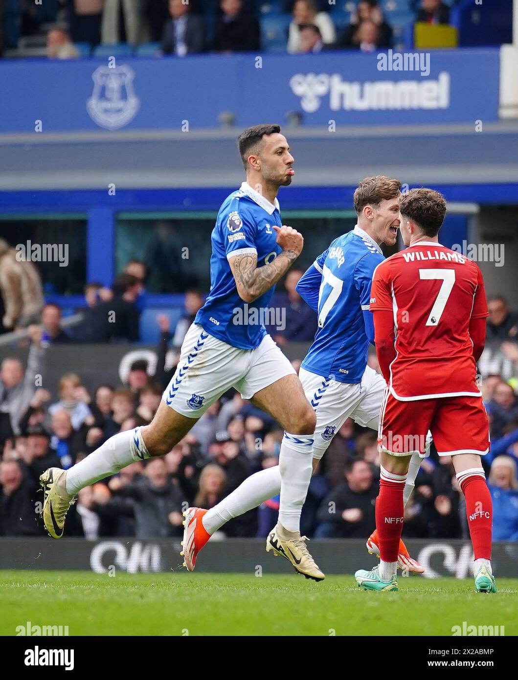 Everton's Dwight McNeil celebrates scoring their side's second goal of the game during the Premier League match at Goodison Park, Liverpool. Picture date: Sunday April 21, 2024. Stock Photo