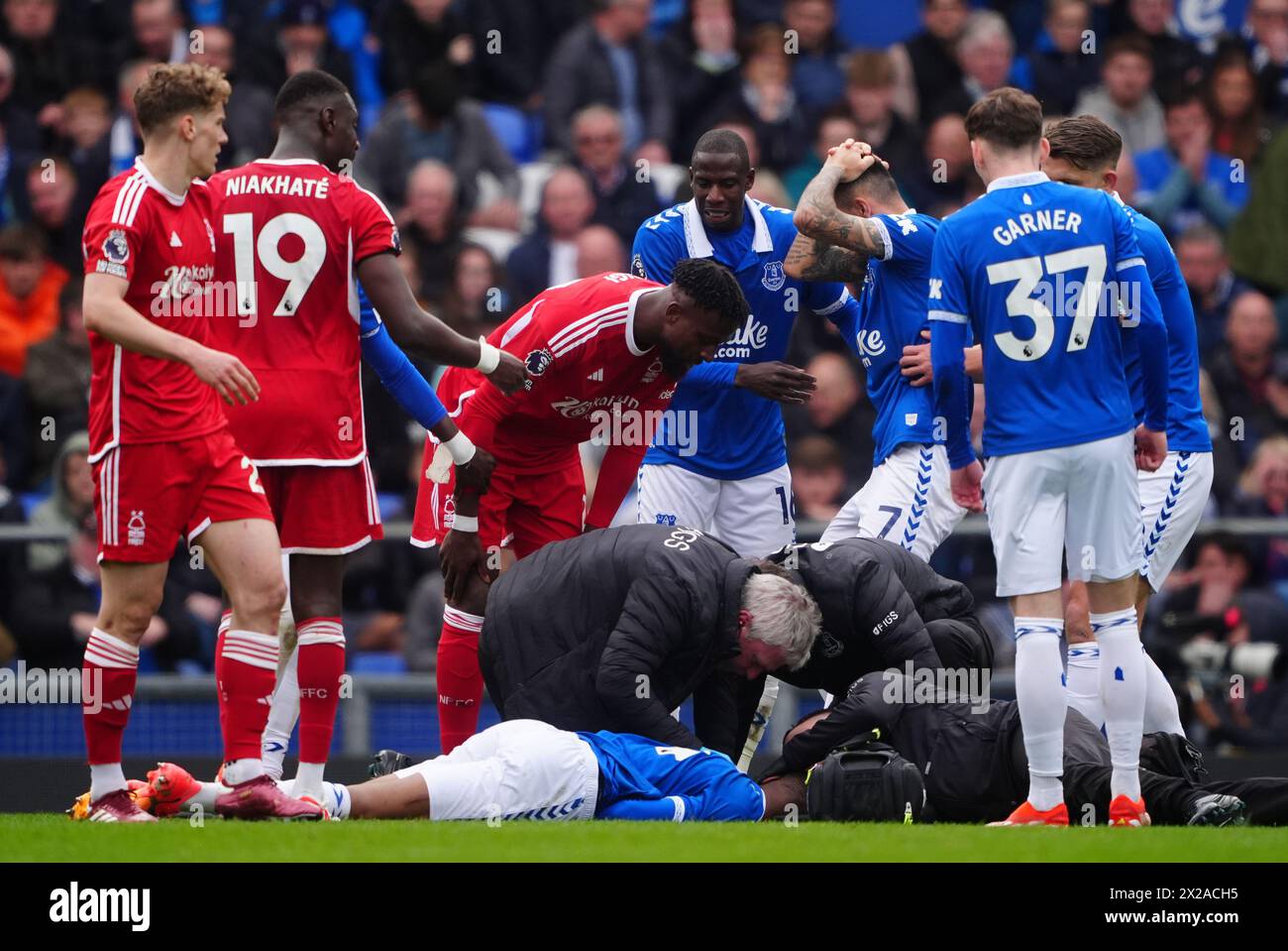 Everton’s Beto receives treatment during the Premier League match at Goodison Park, Liverpool. Picture date: Sunday April 21, 2024. Stock Photo