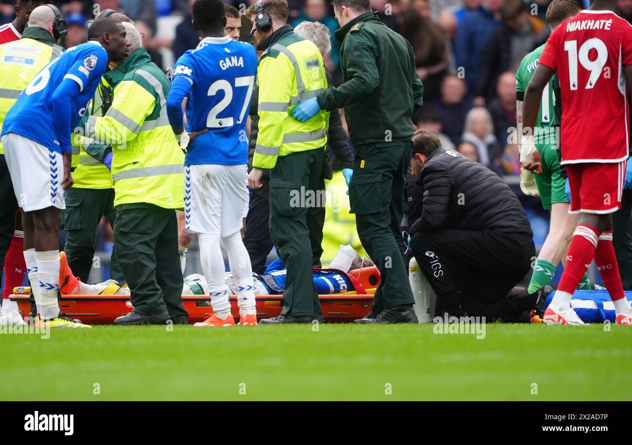 Everton’s Beto receives treatment during the Premier League match at Goodison Park, Liverpool. Picture date: Sunday April 21, 2024. Stock Photo