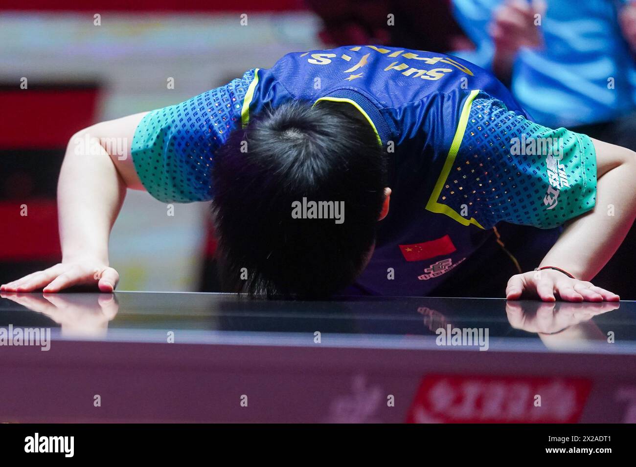 Macao, China. 21st Apr, 2025. Sun Yingsha of China reacts after winning