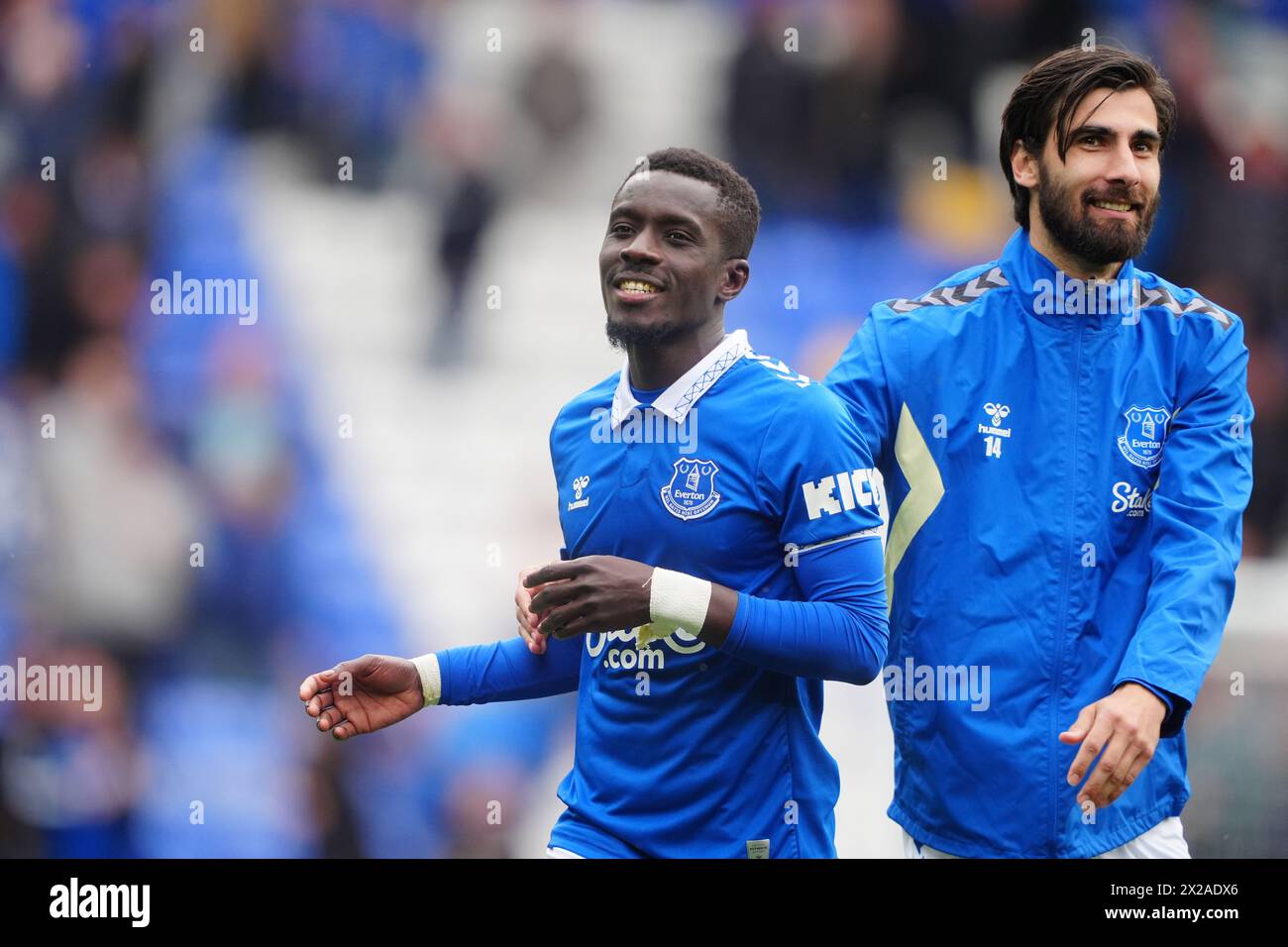 Everton’s Idrissa Gueye (left) after his side’s victory in the Premier League match at Goodison Park, Liverpool. Picture date: Sunday April 21, 2024. Stock Photo