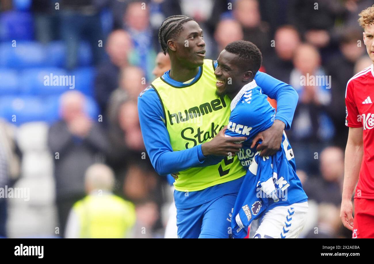 Everton's Amadou Onana (left) and Everton’s Idrissa Gueye (right) after his side’s victory in the Premier League match at Goodison Park, Liverpool. Picture date: Sunday April 21, 2024. Stock Photo