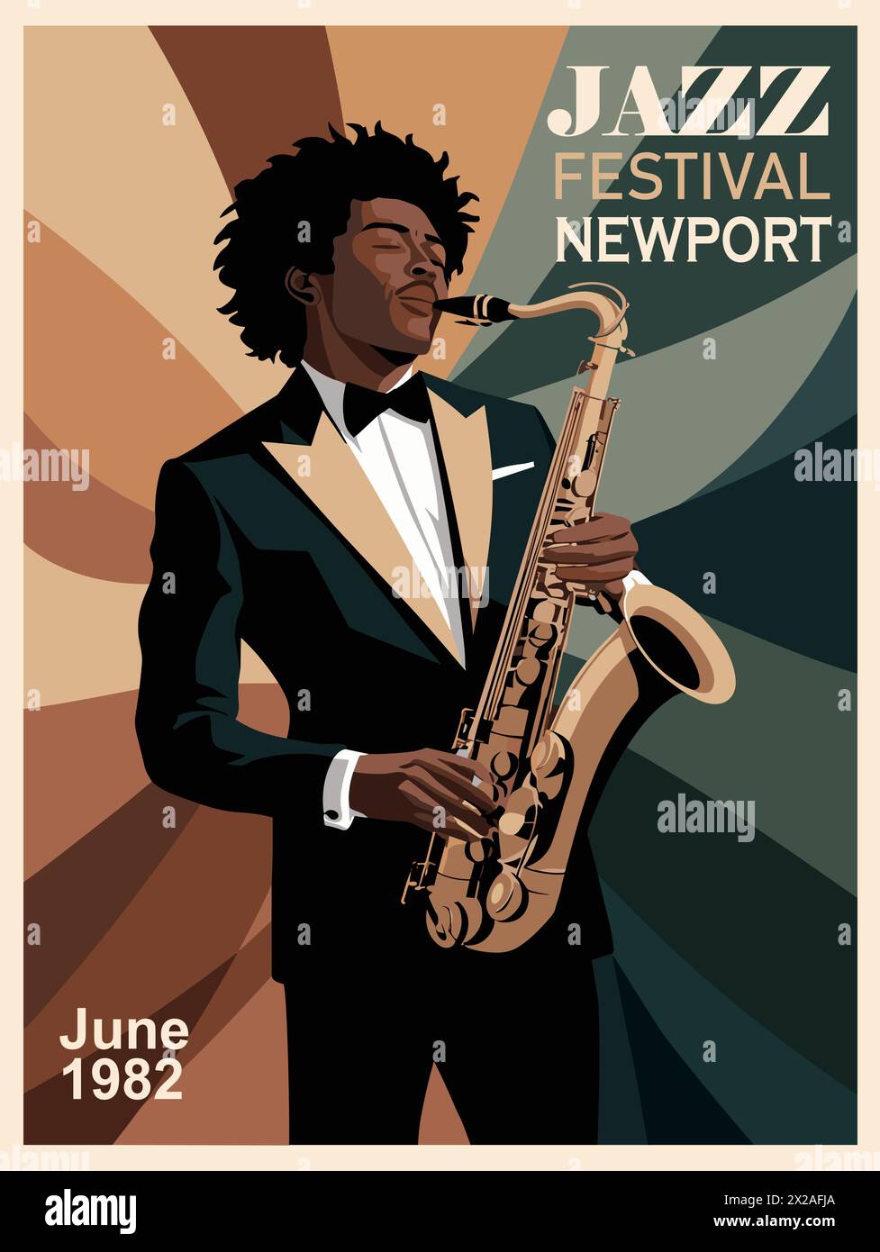 Jazz festival in Newport, June 1982 vintage style poster. African american man in a tuxedo suit playing a saxophone. The poster is colorful and has a Stock Vector