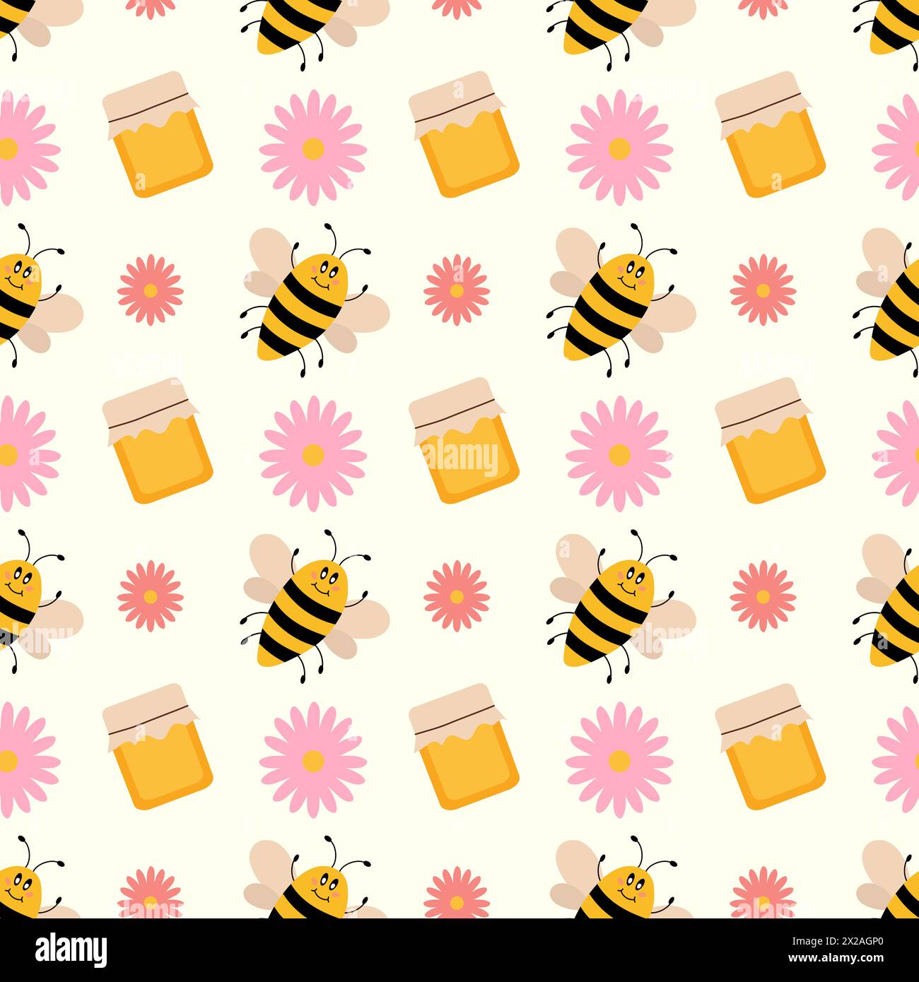 Vector cute cartoon seamless pattern with bee, honey jar and flowers ...