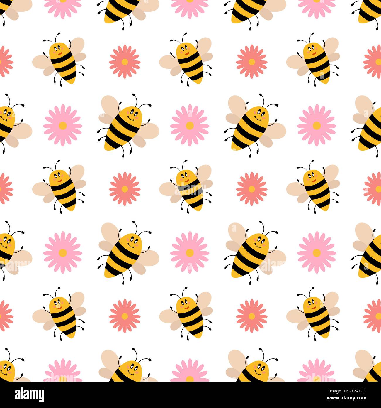 Vector cute cartoon seamless pattern with bees and flowers. Funny bees ...
