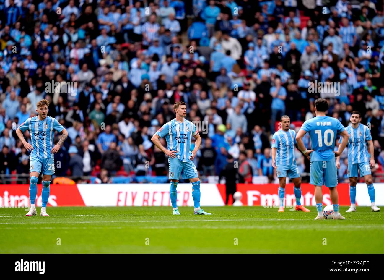 Coventry City players appear dejected during the Emirates FA Cup semi-final match at Wembley Stadium, London. Picture date: Sunday April 21, 2024. Stock Photo