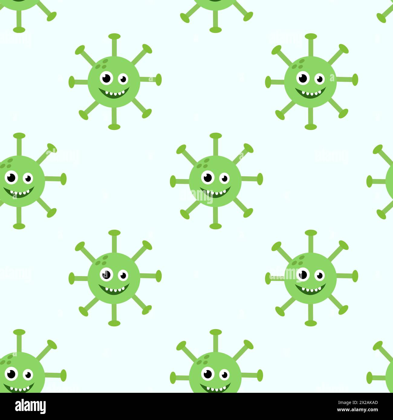 Seamless Pattern with Cute cartoon character virus. Microbiology organism funny face wallpaper. Mascots expressing emotion background. Vector children Stock Vector