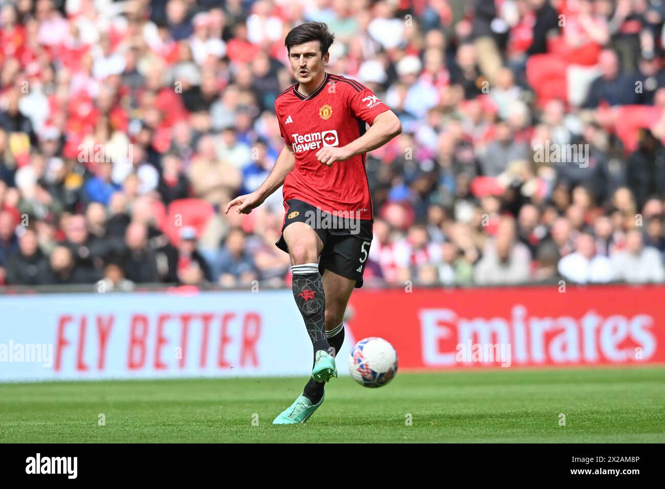 Wembley Stadium, London on Sunday 21st April 2024. Harry Maguire (5 Manchester United) Passes the ball during the FA Cup Semi Final match between Coventry City and Manchester City at Wembley Stadium, London on Sunday 21st April 2024. (Photo: Kevin Hodgson | MI News) Credit: MI News & Sport /Alamy Live News Stock Photo