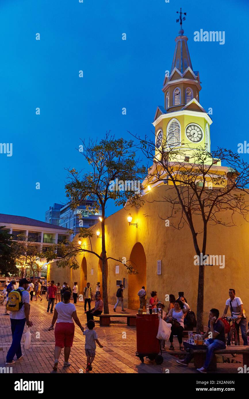Torre del Reloj, Plaza de Los Coches, Cartagena de Indias, Bolivar, Colombia, South America Stock Photo