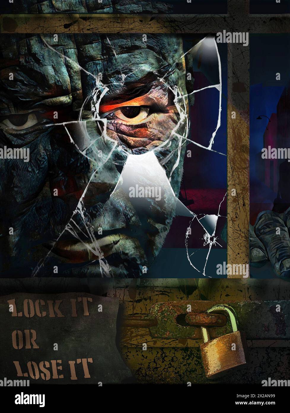 A lock it or lose it poster for crime watch, neighborhood watch or community watch organizations is seen in a 3-d illustration. Stock Photo