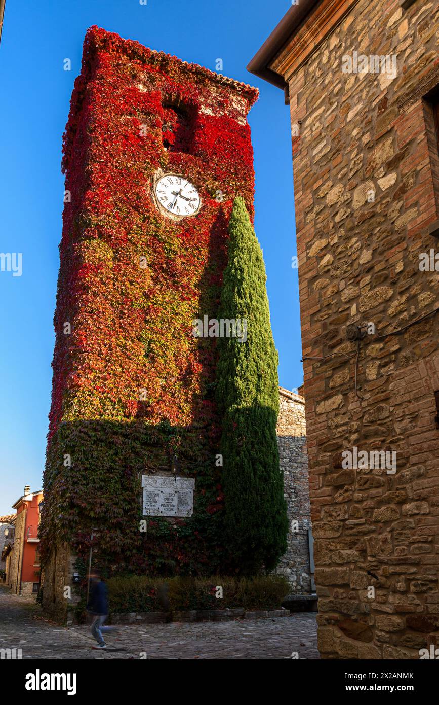 The characteristic bell tower of Frontino, small village in the Pesaro-Urbino province, covered by colored leaves during the autumn Stock Photo