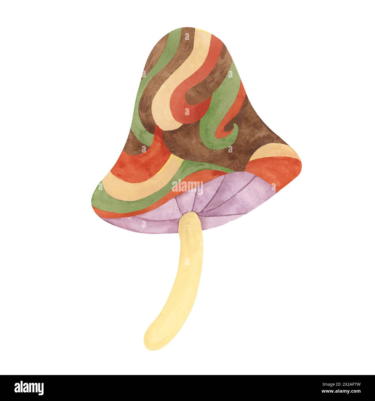 Hippie psychedelic magic mushroom in 70s style. Vintage groovy toadstool nostalgic clipart. Watercolor fairytale fungus funky illustration for printing, trippy stickers, flyers, indie t-shirts, labels Stock Photo