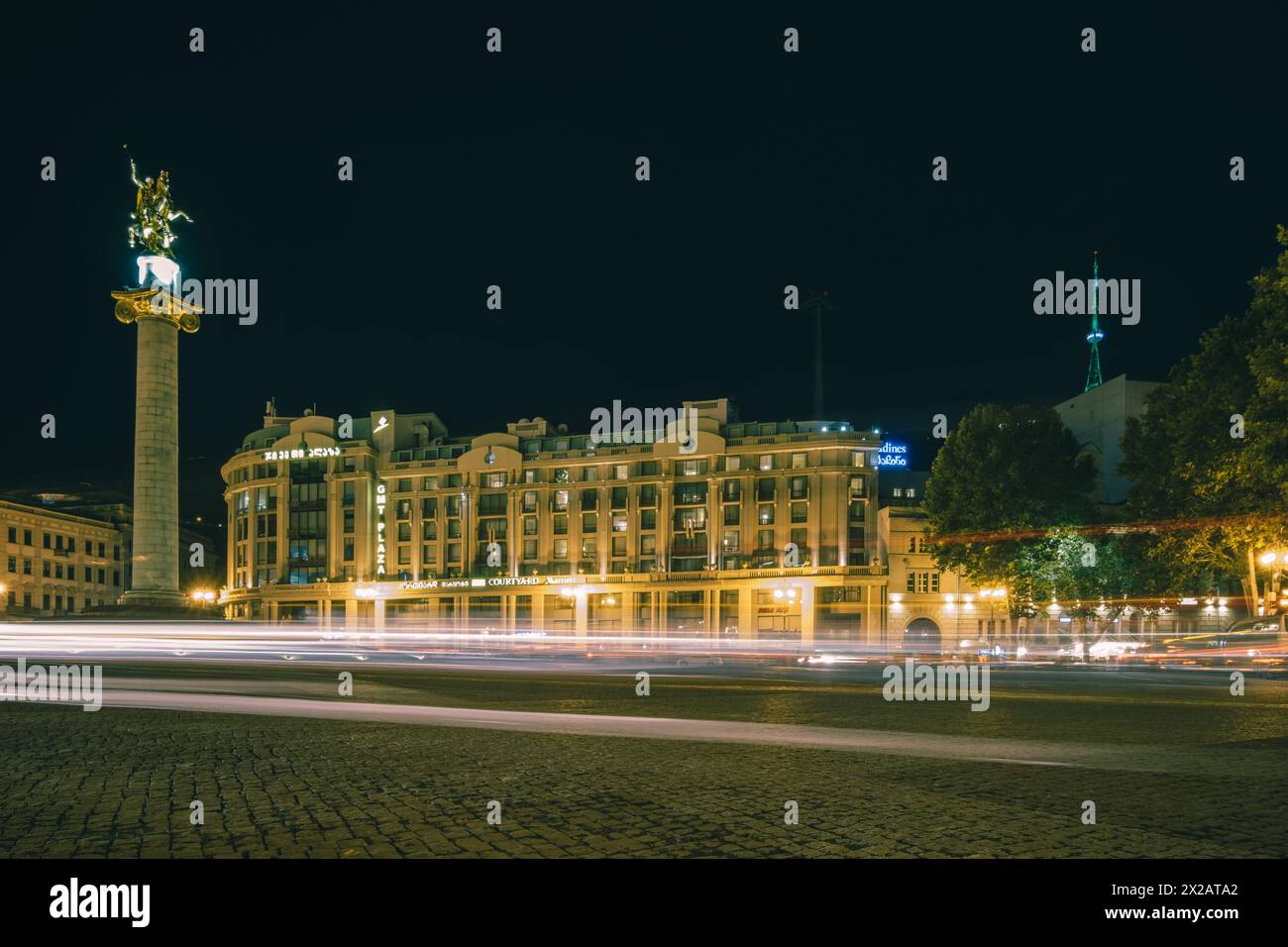First Republic Square Freedom square in Tbilisi city center with Saint George statue and the ...