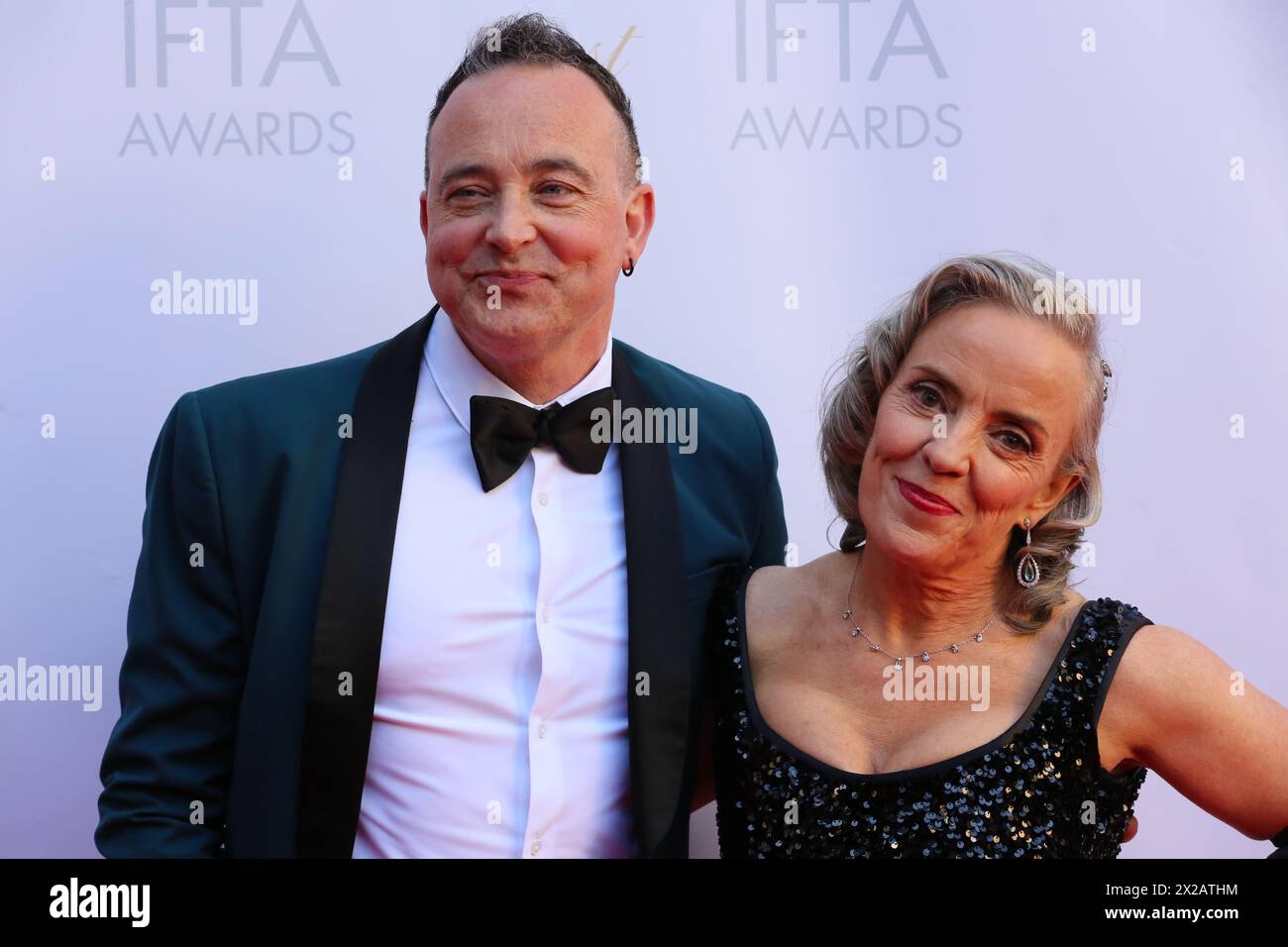 Dublin, Ireland. 20th April 2024.  Ferdia Murphy and Lara Campbell arriving on the red carpet at the Irish Film and Television Awards (IFTA), Dublin Royal Convention Centre. Credit: Doreen Kennedy/Alamy Live News. Stock Photo
