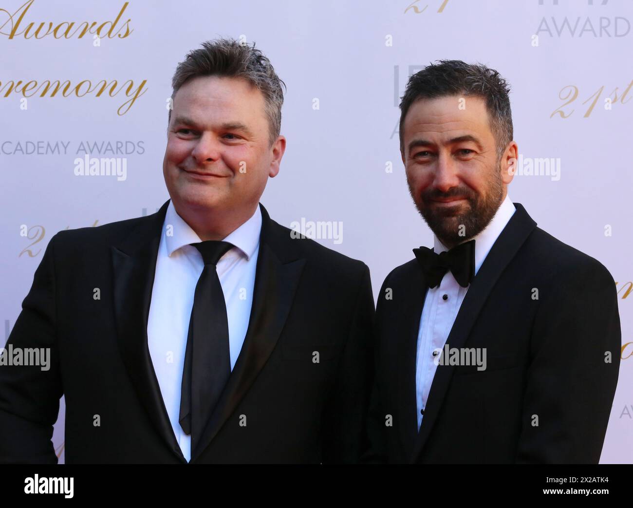 Dublin, Ireland. 20th April 2024.  Declan Lawn and Adam Patterson arriving on the red carpet at the Irish Film and Television Awards (IFTA), Dublin Royal Convention Centre. Credit: Doreen Kennedy/Alamy Live News. Stock Photo