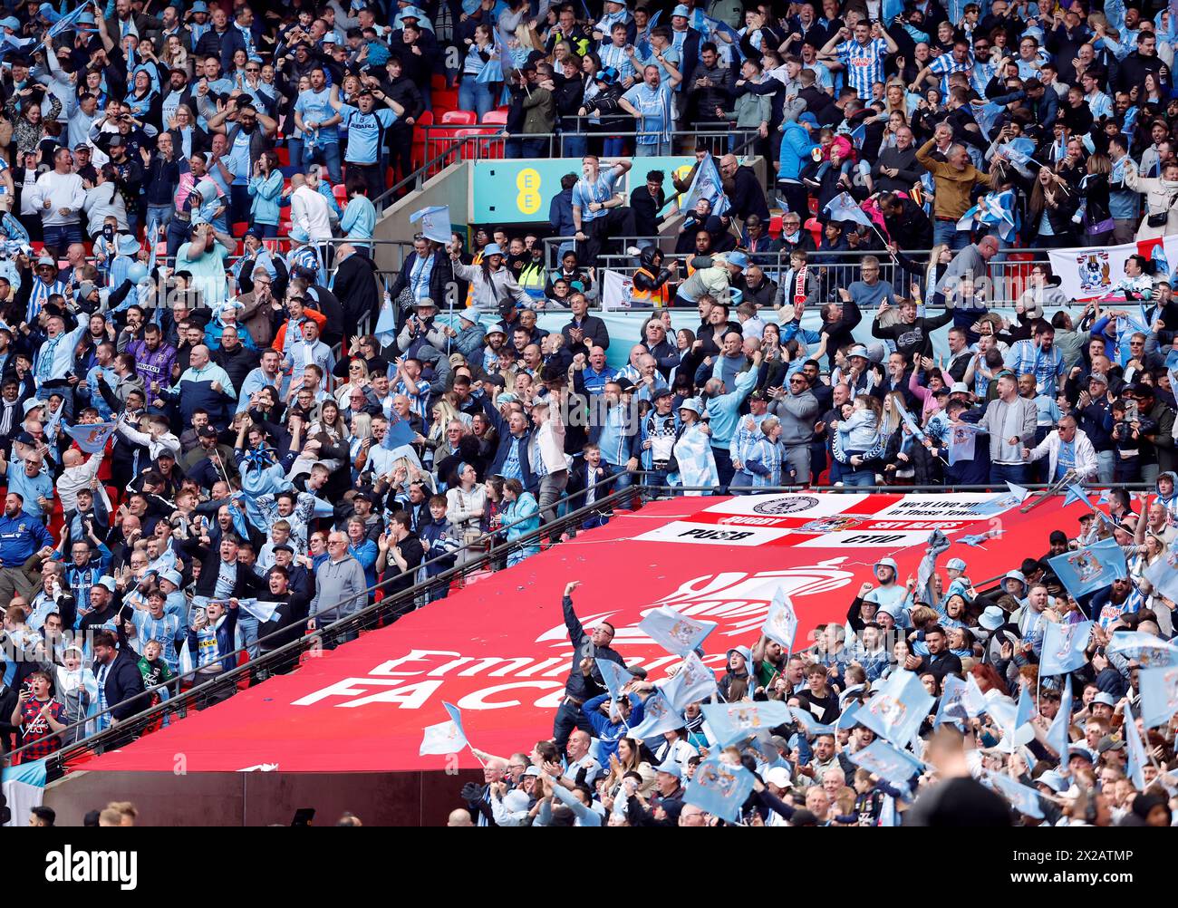 Coventry City fans celebrate their second goal during the Emirates FA Cup semi-final match at Wembley Stadium, London. Picture date: Sunday April 21, 2024. Stock Photo