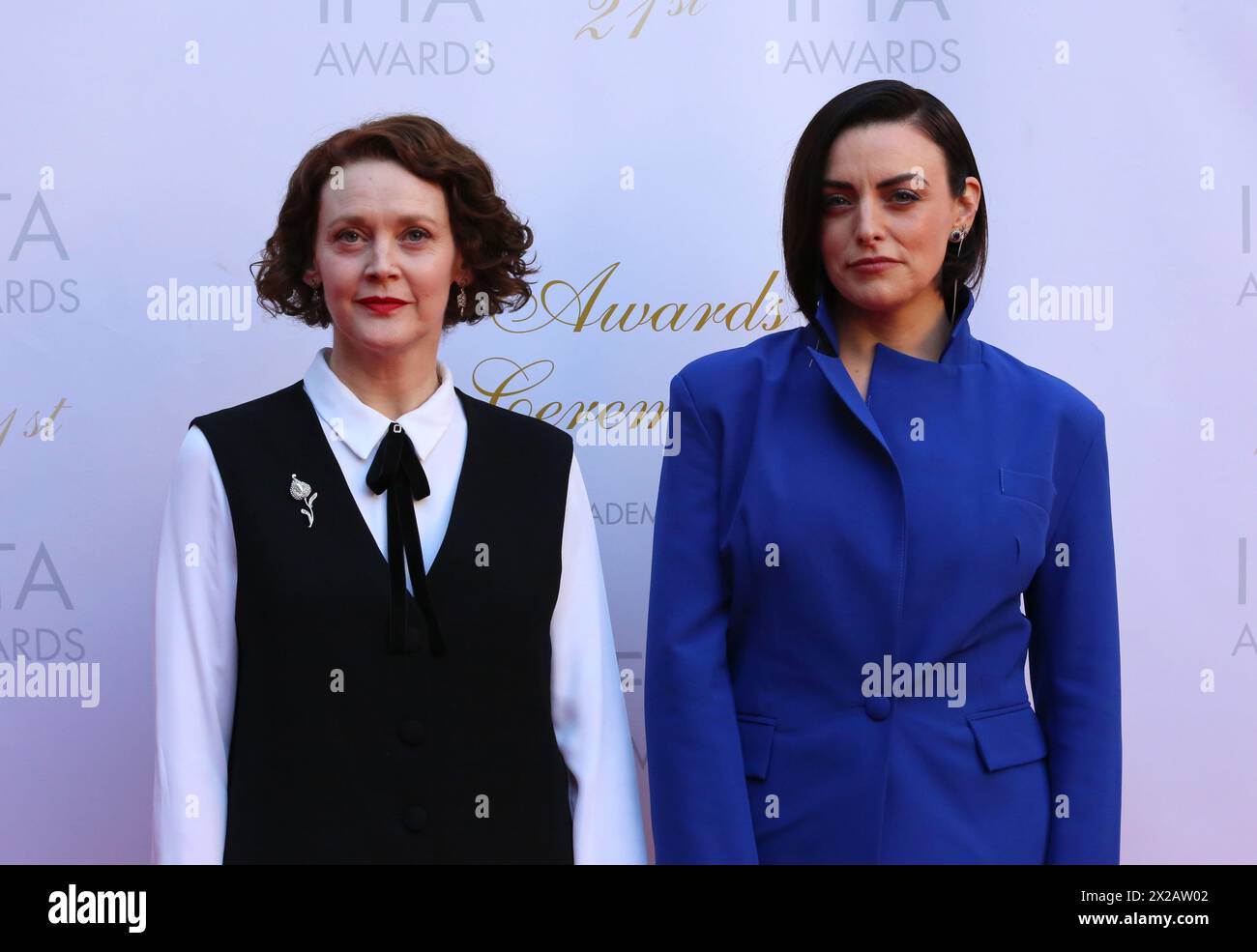 Dublin, Ireland. 20th April 2024.  Simone Kirby and Nora-Jane Noone arriving on the red carpet at the Irish Film and Television Awards (IFTA), Dublin Royal Convention Centre. Credit: Doreen Kennedy/Alamy Live News. Stock Photo
