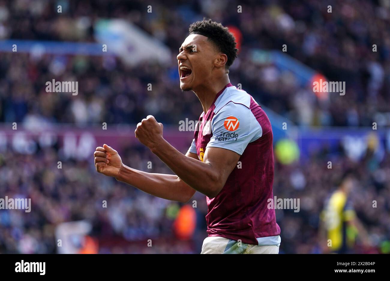Aston Villa's Ollie Watkins celebrates after team-mate Moussa Diaby scores their second goal of the game during the Premier League match at Villa Park, Birmingham. Picture date: Sunday April 21, 2024. Stock Photo