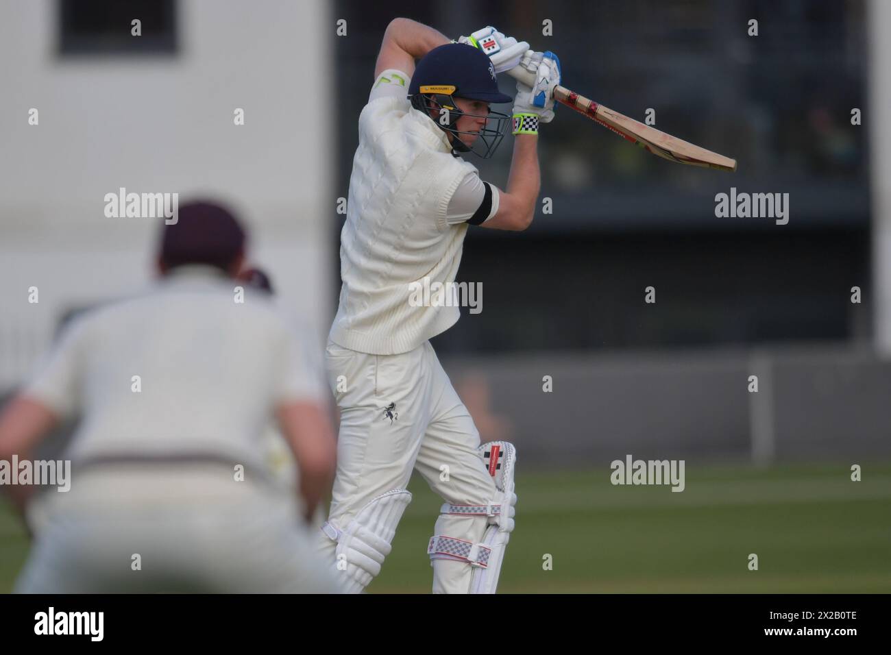 Canterbury, England. 21st Apr 2024. Zak Crawley of Kent and England bats during day three of the Vitality County Championship Division One fixture between Kent County Cricket Club and Surrey County Cricket Club at the Spitfire Ground, St Lawrence in Canterbury. Kyle Andrews/Alamy Live News. Stock Photo